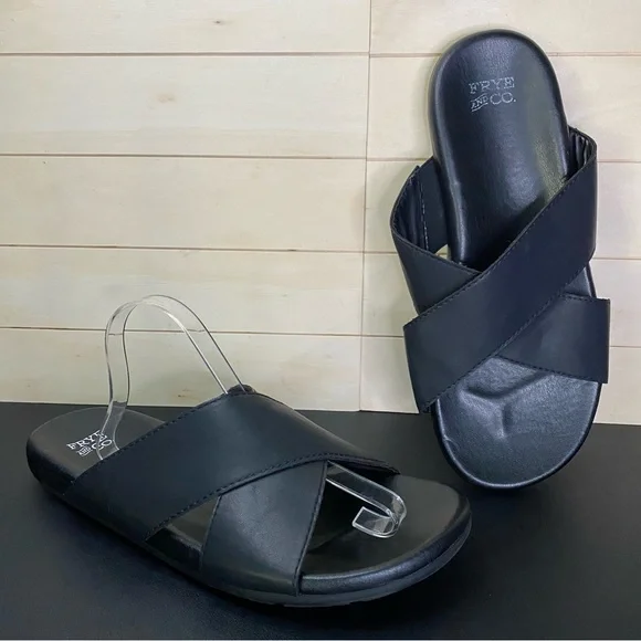 Frye Co Rocco Slides Men's Size 13 Shoes Black Faux Leather Cross Strap Sandals - Picture 11 of 11